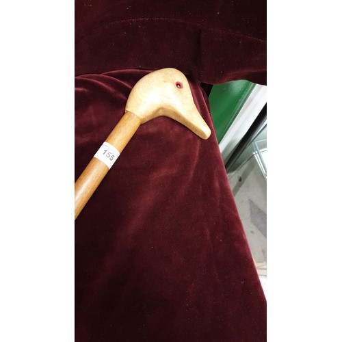 155 - Gentlemans Walking Cane With Carved Duck Head Glass Eyes.