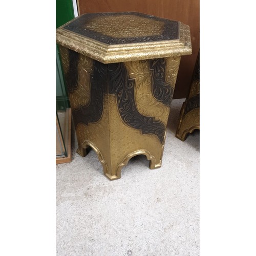 273 - Pair Of Stunning Brass Overlaid Wooden Tables In Arabic Style 52cm high x 48 cm