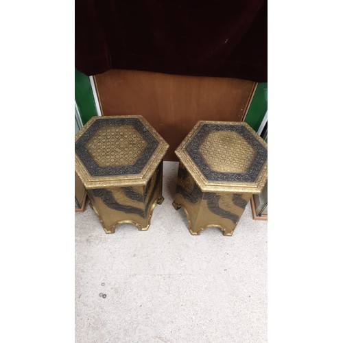 273 - Pair Of Stunning Brass Overlaid Wooden Tables In Arabic Style 52cm high x 48 cm