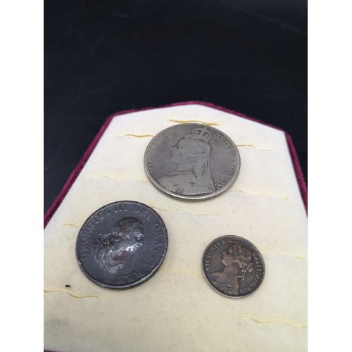 55a - Silver Crown dated 1899 together with 1799 half penny and 1875 Farthing.