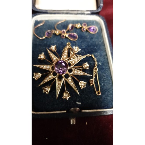 13 - 9ct Gold Ear Rings With Matching Gold Pendant With Seed Pearl and Amethyst Stones.