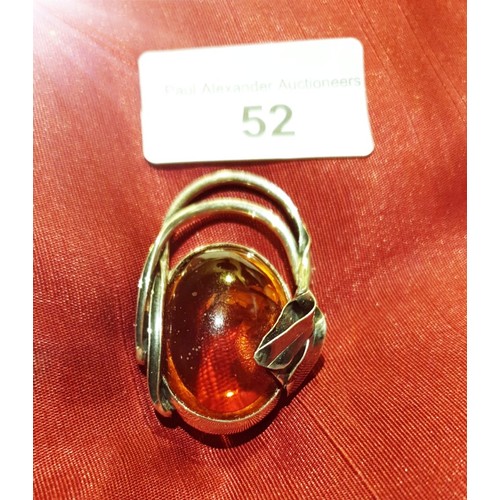 52 - Vintage Silver Brooch Set With Baltic Amber 42mm x 25mm 8.2 grams