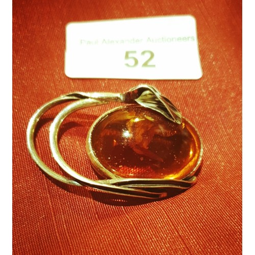 52 - Vintage Silver Brooch Set With Baltic Amber 42mm x 25mm 8.2 grams