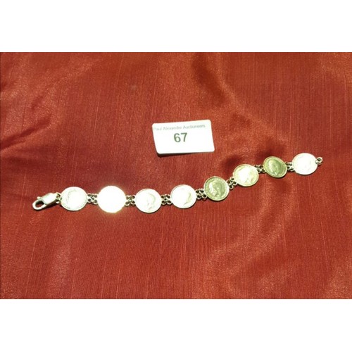 67 - Silver Three Penny Bit Bracelet Dates Ranging From 1911 to 1922 Length 8 Inches 14,3g