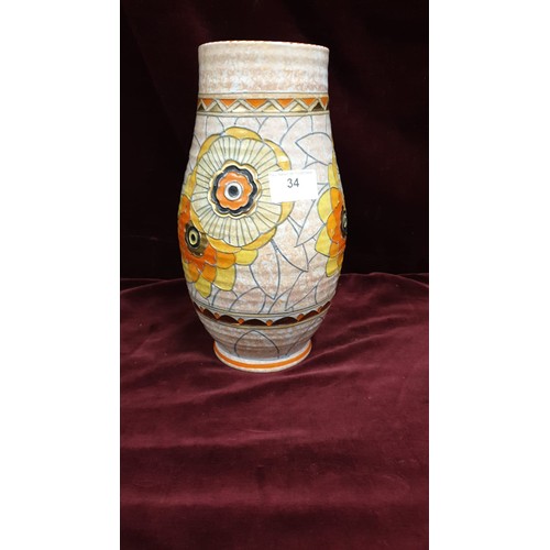 34 - Large Charlotte Rhead Signed Tube Lined Vase 26ch High Very Small Chip To Base. No Cracks