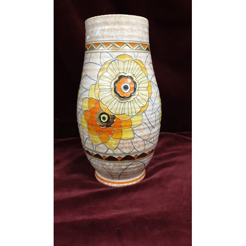 34 - Large Charlotte Rhead Signed Tube Lined Vase 26ch High Very Small Chip To Base. No Cracks