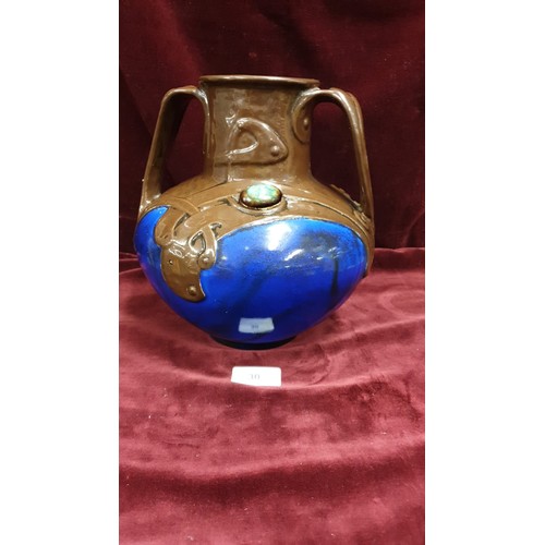 30 - Large Stunning Art Nuveau Twin Handled Vase with Celtic Design Marbled Panels 22cm Height.