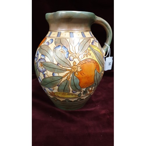 36 - Large Stunning Charlotte Rhead Tube Lined Water Jug Tube Lined Oranges and Lemons Pattern Signed