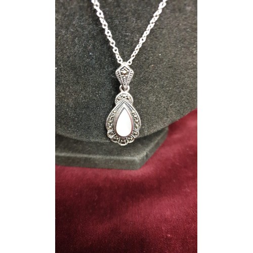 19a - Vintage Silver Mother Of Pearl and Marcasite pendant on 20 inch Chain 6.5g