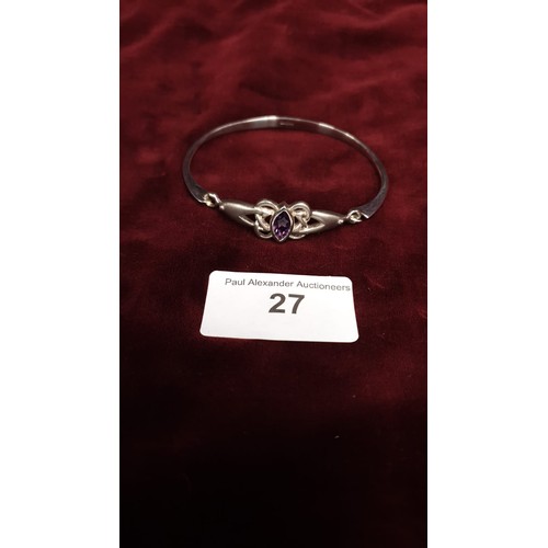 27 - Hallmarked Silver Celtic Style Bangle Matt Finish Set With A Marquise Shaped Amethyst 11.7g