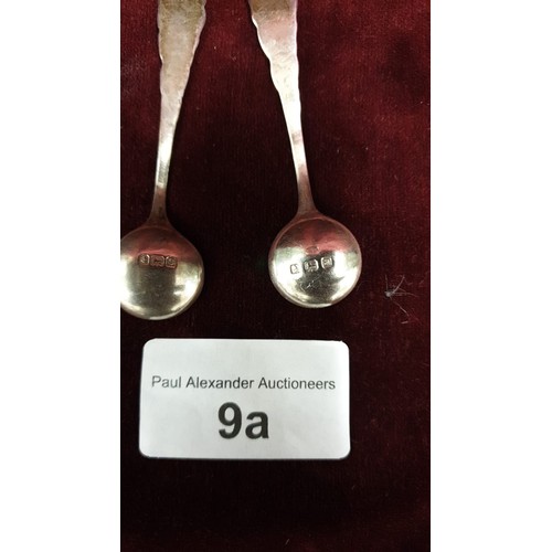 9a - Pair Silver Hallmarked Art Deco Salt Spoons Birmingham 1900 Maker JC. 6.5CM