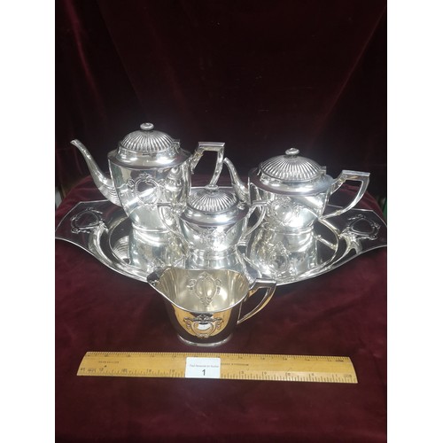 1 - Contential White Metal 4 piece art nouveau tea set includes tray. 2930g