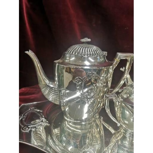 1 - Contential White Metal 4 piece art nouveau tea set includes tray. 2930g