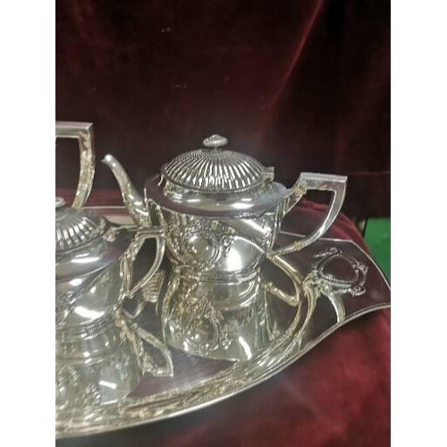 1 - Contential White Metal 4 piece art nouveau tea set includes tray. 2930g