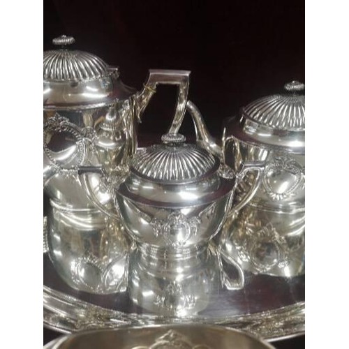 1 - Contential White Metal 4 piece art nouveau tea set includes tray. 2930g
