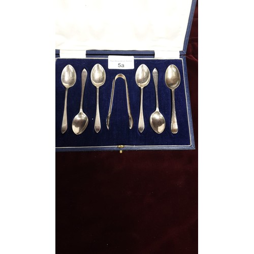 5a - 5 silver Hall marked sheffield spoons and matching tongs together with silver Hall marked spoon.