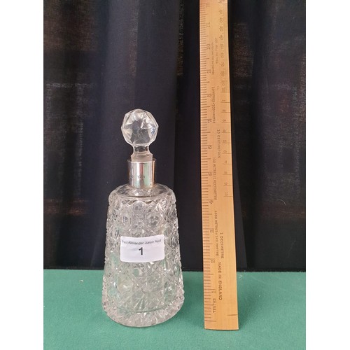 1 - Silver hall marked collard large perfume glass bottle with stopper .