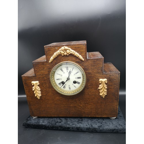 241 - 1900s art deco mantle clock with enamel face with clock and pendulum.
