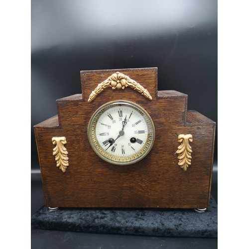 241 - 1900s art deco mantle clock with enamel face with clock and pendulum.