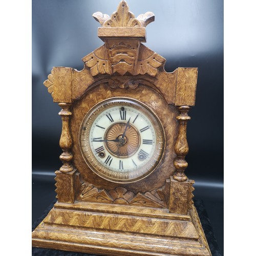 242 - Sonia clock Co New York USA light oak mantle dated 18th June 1882 with pendulum.