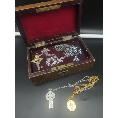 247 - Small lather jewellery box containing Celtic pendants  etc includes silver makers SS.