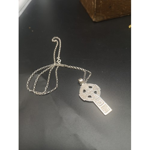 247 - Small lather jewellery box containing Celtic pendants  etc includes silver makers SS.