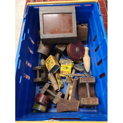 91 - Large box of interesting items includes weights, tape measure etc.