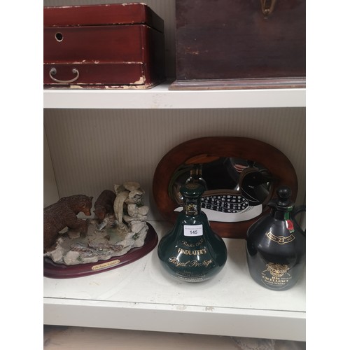 145 - Shelf of collectables includes study, decanters etc.