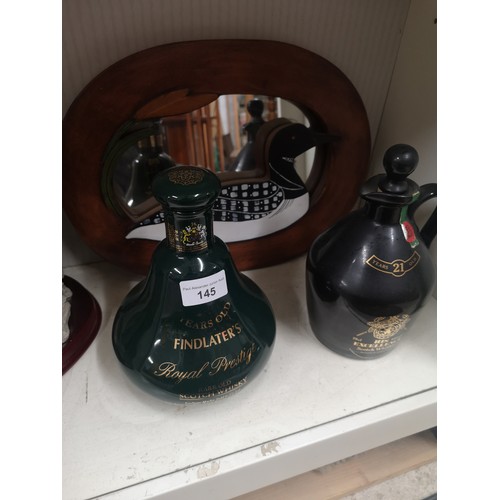 145 - Shelf of collectables includes study, decanters etc.