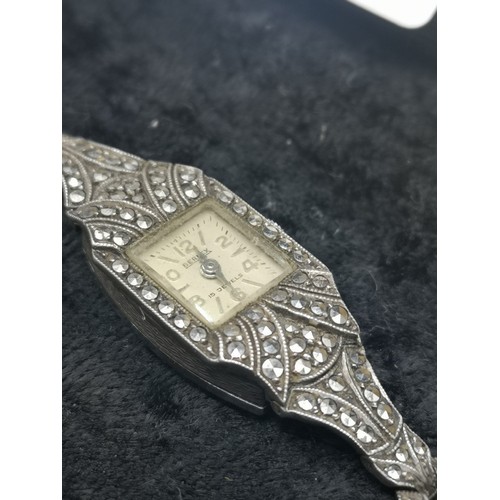 12 - Ladies 1930s Marcasite Berners-Lee Cocktail Watch With Safety Chains Winds Working.