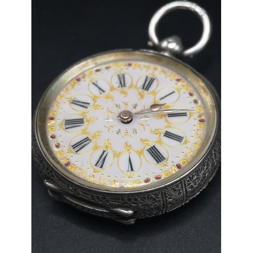 38b - Edwardian silver 935 pocket watch with enamel and gold numerals.
