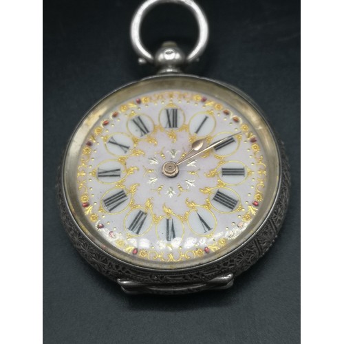 38b - Edwardian silver 935 pocket watch with enamel and gold numerals.