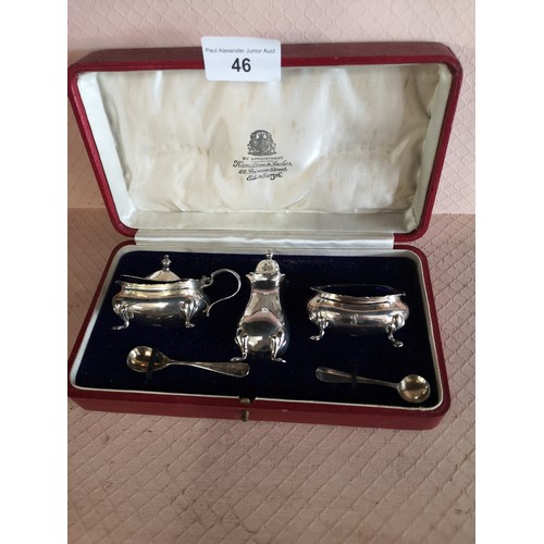 46 - Silver Hall marked Edinburgh cruet set makers Hamilton and inches in original box.