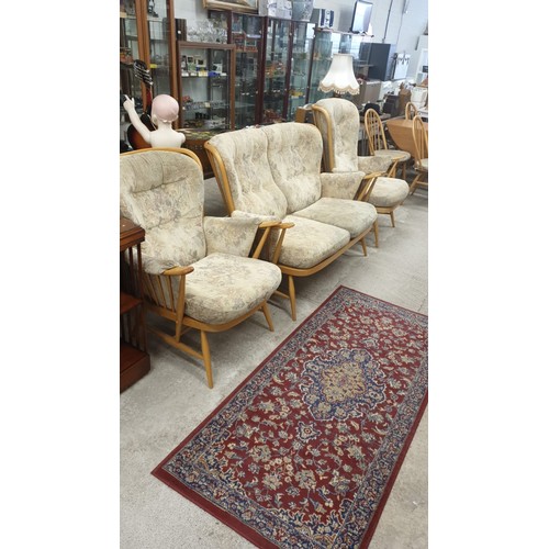 50 - Ercol Blonde wood 3 piece suite with original cushions.