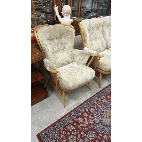 50 - Ercol Blonde wood 3 piece suite with original cushions.