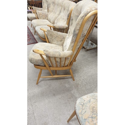 50 - Ercol Blonde wood 3 piece suite with original cushions.