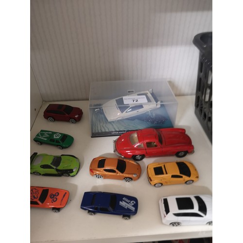 72 - Shelf of playworn vehicles includes 007 James bond vehicle etc.