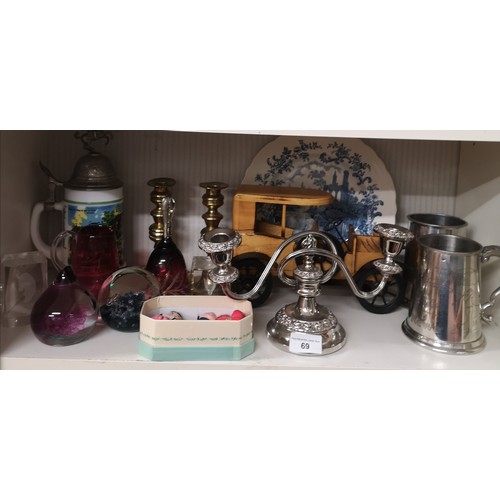 69 - Shelf of collectables includes Selkirk glass paperweight etc.