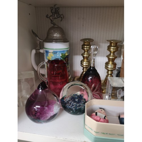 69 - Shelf of collectables includes Selkirk glass paperweight etc.