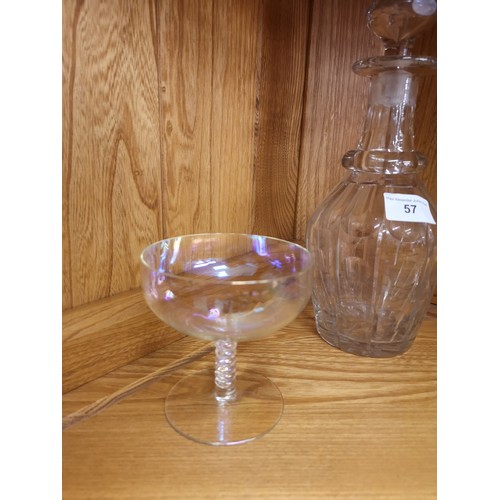 57 - Early 1900s faceted glass decanter together together with pair of unusual air stem glasses.