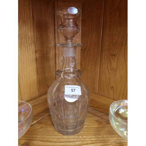 57 - Early 1900s faceted glass decanter together together with pair of unusual air stem glasses.