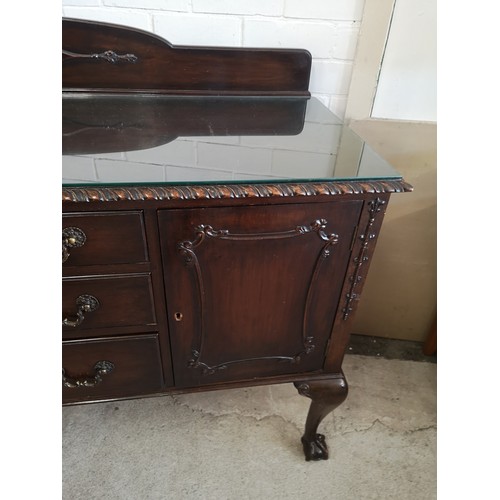 317 - Large Ornate side board with glass preserve top. 5 ft in length.