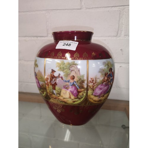 248 - Victorian scene vase with burgundy background depicting proposal .