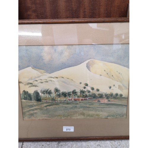 273 - Water colour Depicting foreign country side scene dated 1950 together with harbour scene print signe... 