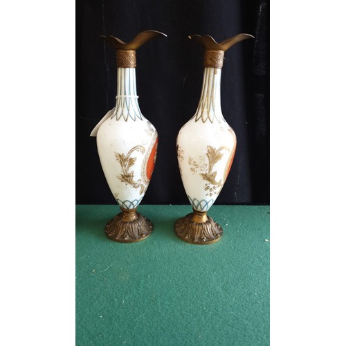 115 - Pair Of Opaque Panel Painted Milk Glass Ewers With Metal Fixings.