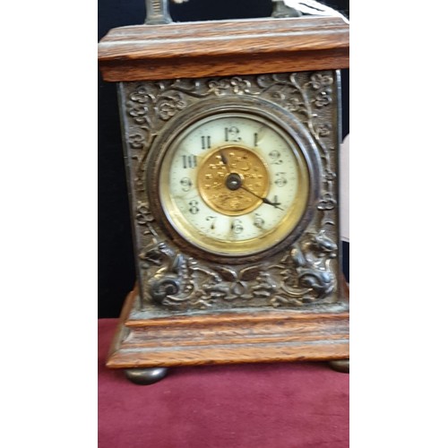 148 - Oak and brass victorian carriage clock working .