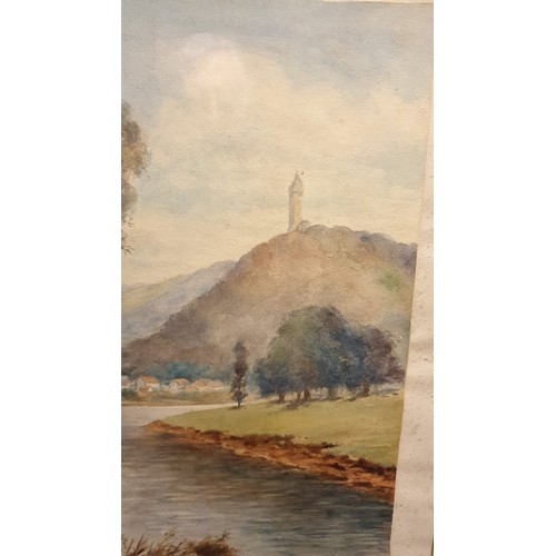 124 - Early 1900s watercolour Wallace monument  Stirling  with River Allan to forefront signed B Cox Dated... 