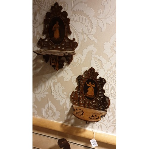 123e - Pair of Edwardian  ornate carved  wall shelves with Edwardian Cameo inlaid lady pictures .