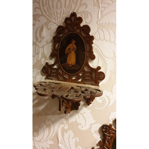 123e - Pair of Edwardian  ornate carved  wall shelves with Edwardian Cameo inlaid lady pictures .