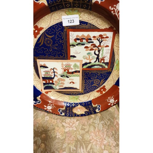 123 - Huge masons ironstone Victorian wall charger in cobalt blue with oriental foliage. 38cm in diameter.